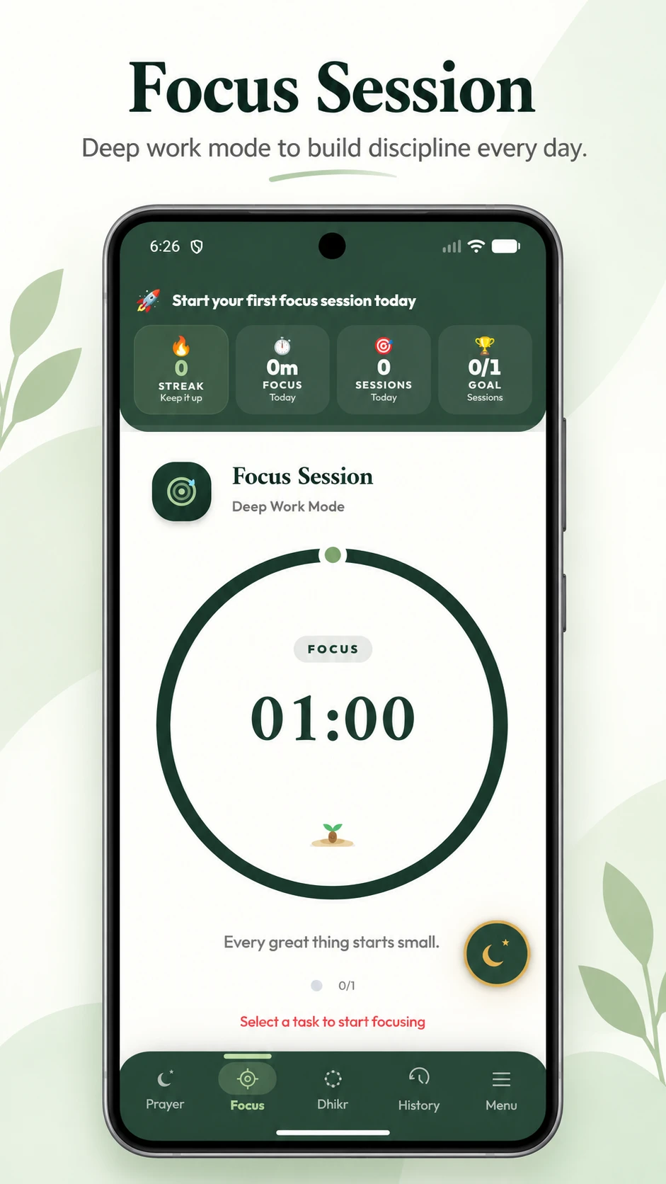 Tampilan Focus Timer Muslim Discipline sebelum video diputar