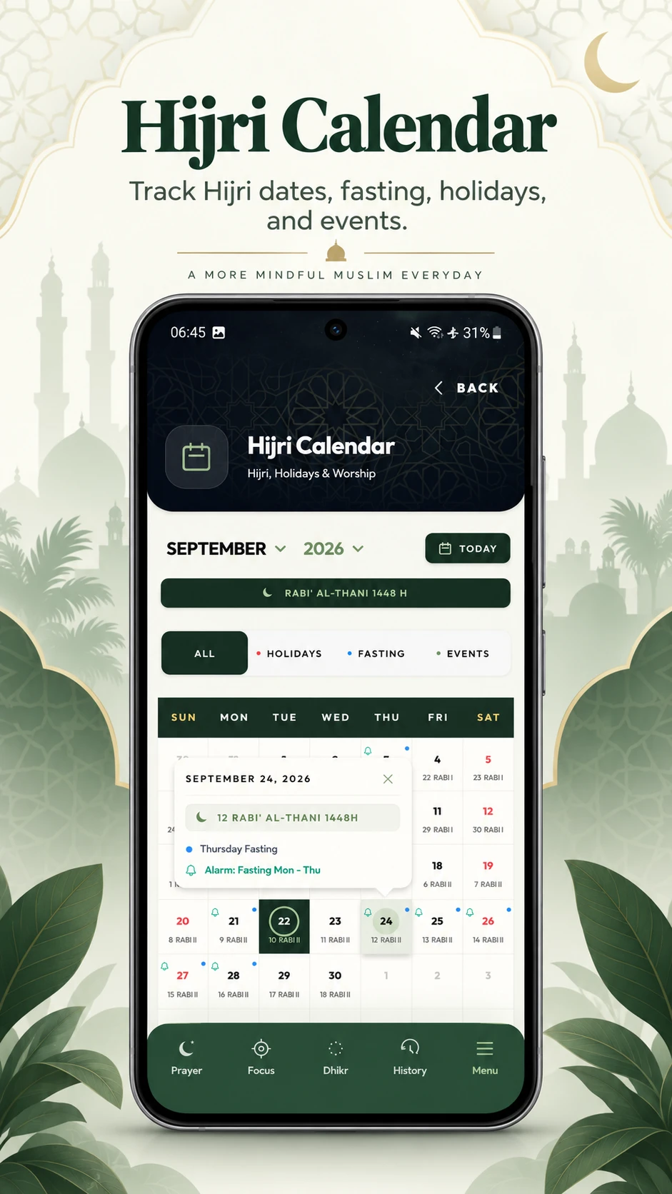 Tampilan kalender Hijriah di Muslim Discipline
