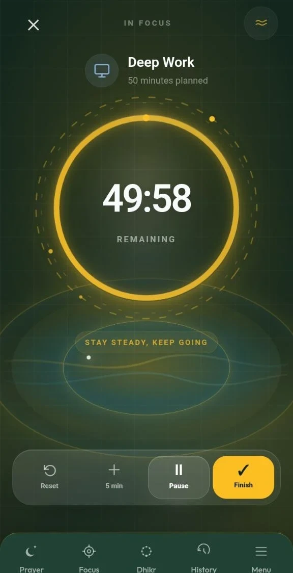 Tampilan timer aktivitas Deep Work dengan durasi dan kontrol sesi