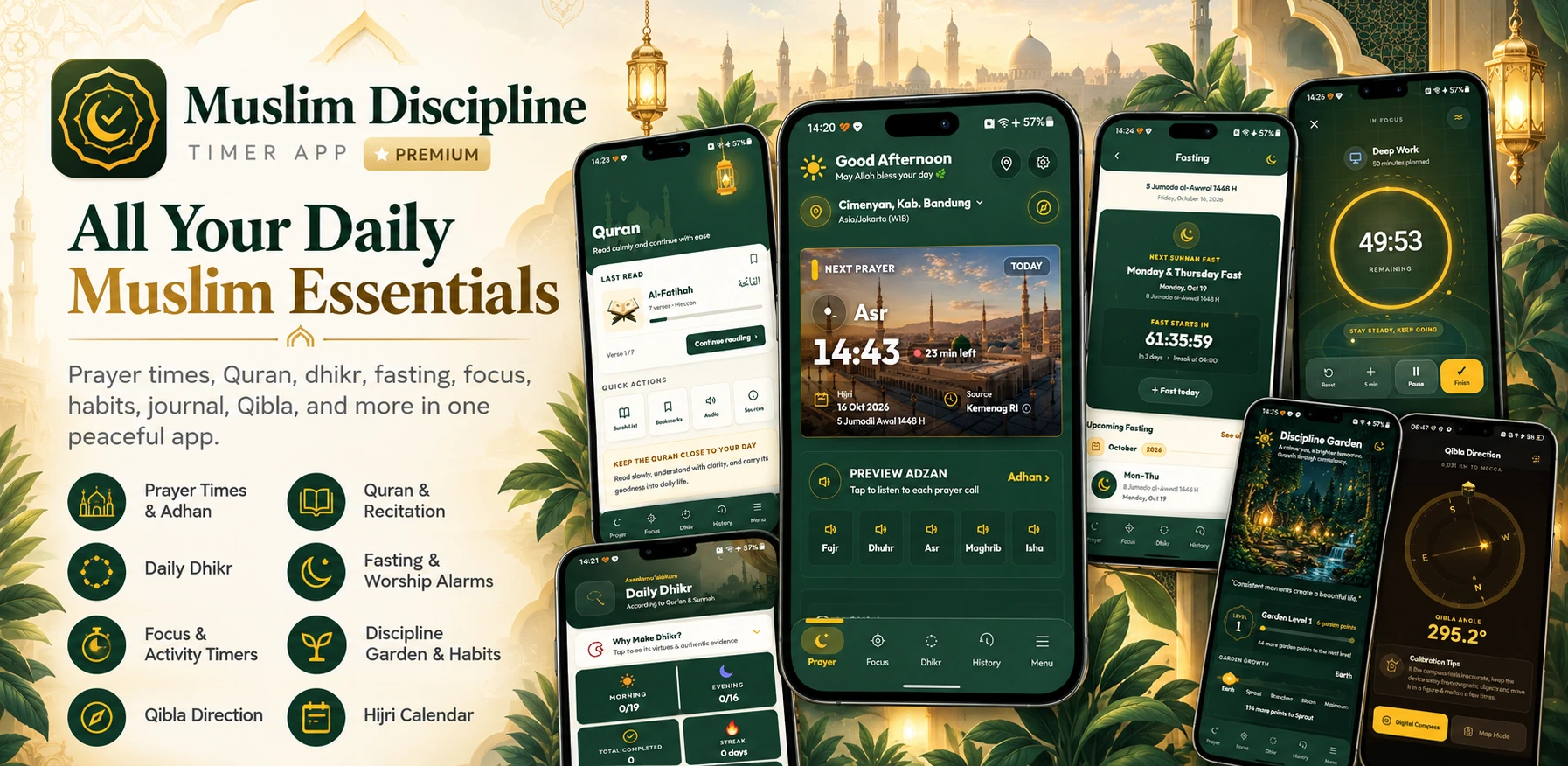 Poster seluruh fitur Muslim Discipline: jadwal sholat, Qur’an, dzikir, puasa, fokus, kebiasaan, kiblat, dan kalender Hijriah