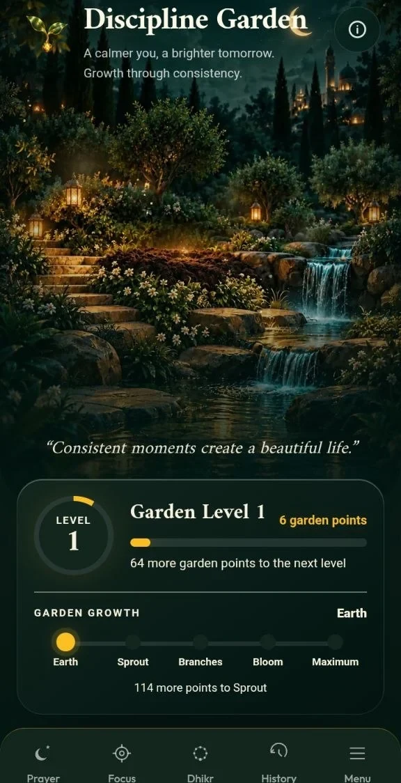 Tampilan Discipline Garden dengan level, garden growth, dan 7-day rhythm