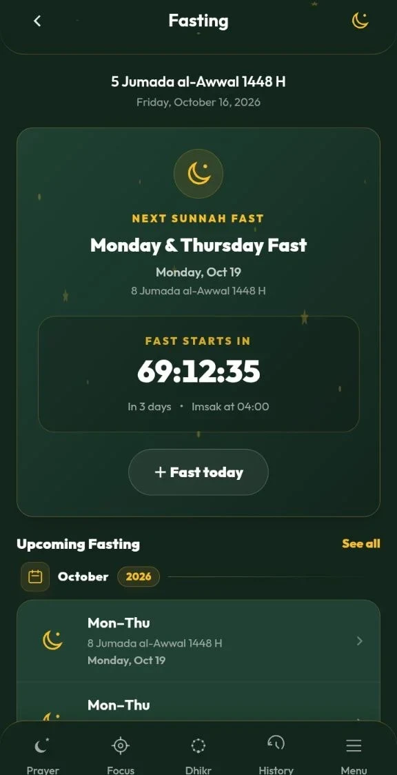 Tampilan Fasting Tracker dengan jadwal puasa sunnah dan hitung mundur