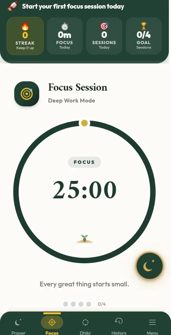 Tampilan Focus Session dengan timer dan statistik fokus