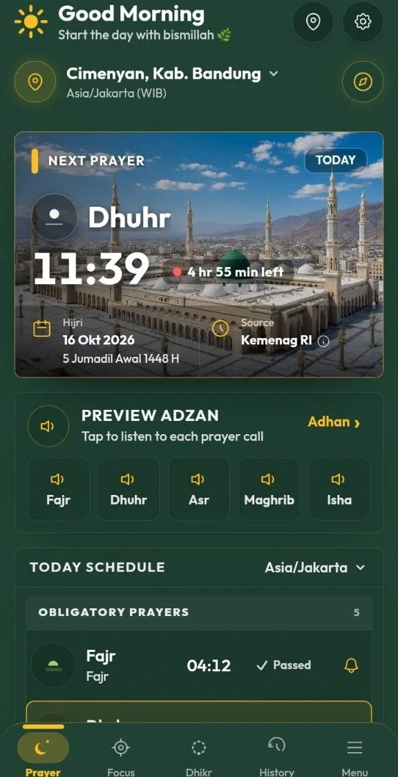 Tampilan dashboard jadwal sholat dan preview adzan