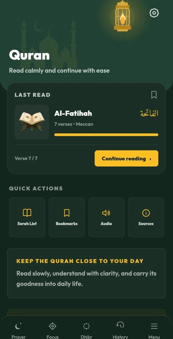 Tampilan halaman Quran dengan bacaan terakhir dan quick actions