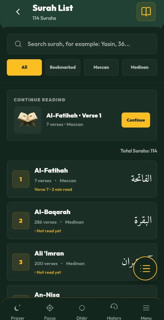 Tampilan daftar surah dengan filter, pencarian, dan progres bacaan