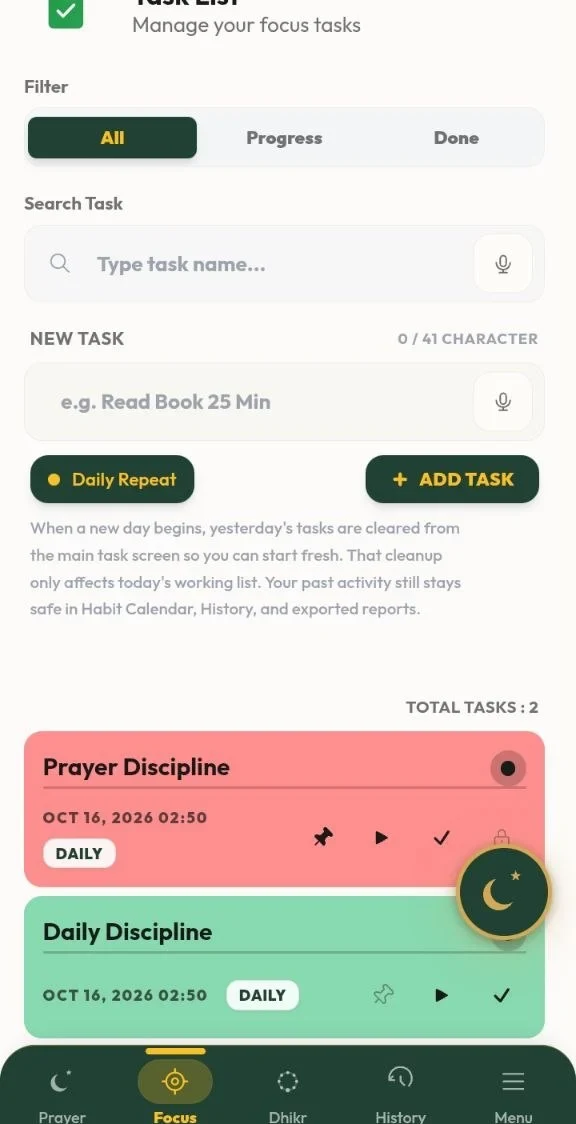 Tampilan Task List dengan filter, pencarian, dan task harian
